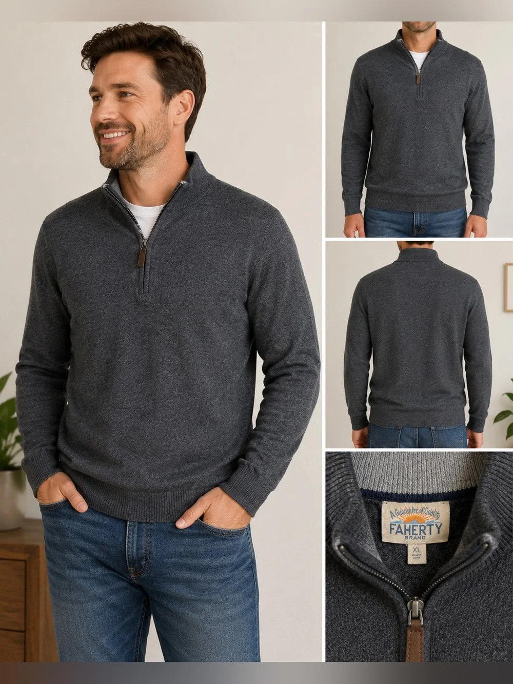 Faherty Brand Men’s XL Charcoal Gray Quarter Zip Knit Sweater Pullover Soft